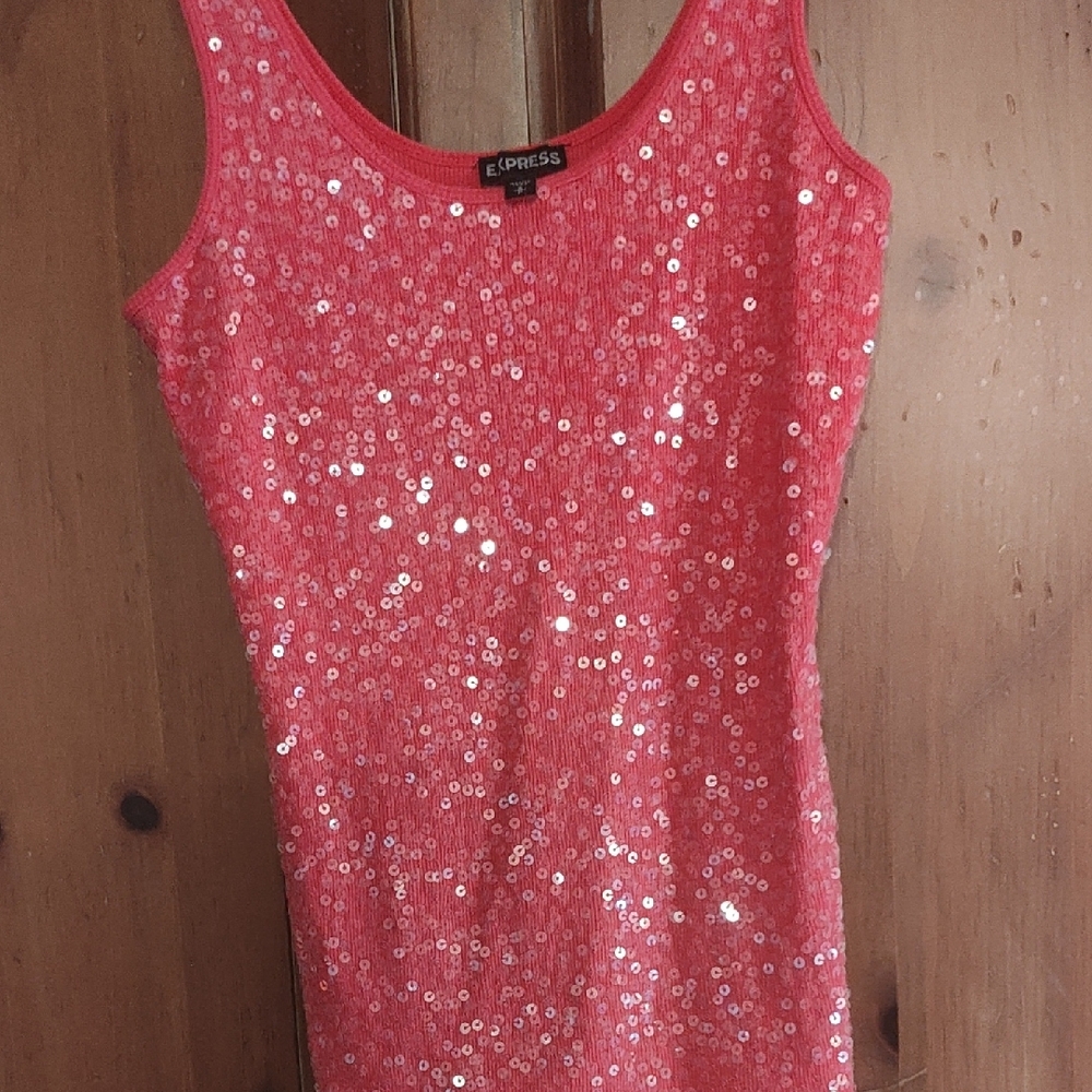 Express Coral Sequin Tank Top - Women's Scoop Neck Sparkle - Picture 3 of 4